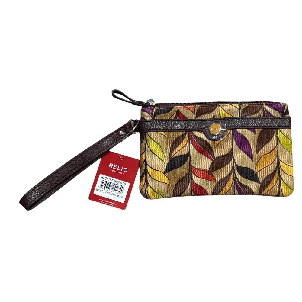 Relic Wristlet Wallet Womens Leaf Print Canvas Faux Leather Trim Multi Color